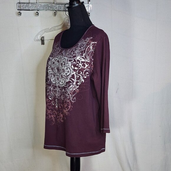 Zenergy Mauve Silver Foil Rhinestone Beaded 3/4 Sleeve Cotton Top Chico 3 US XL - Picture 9 of 16